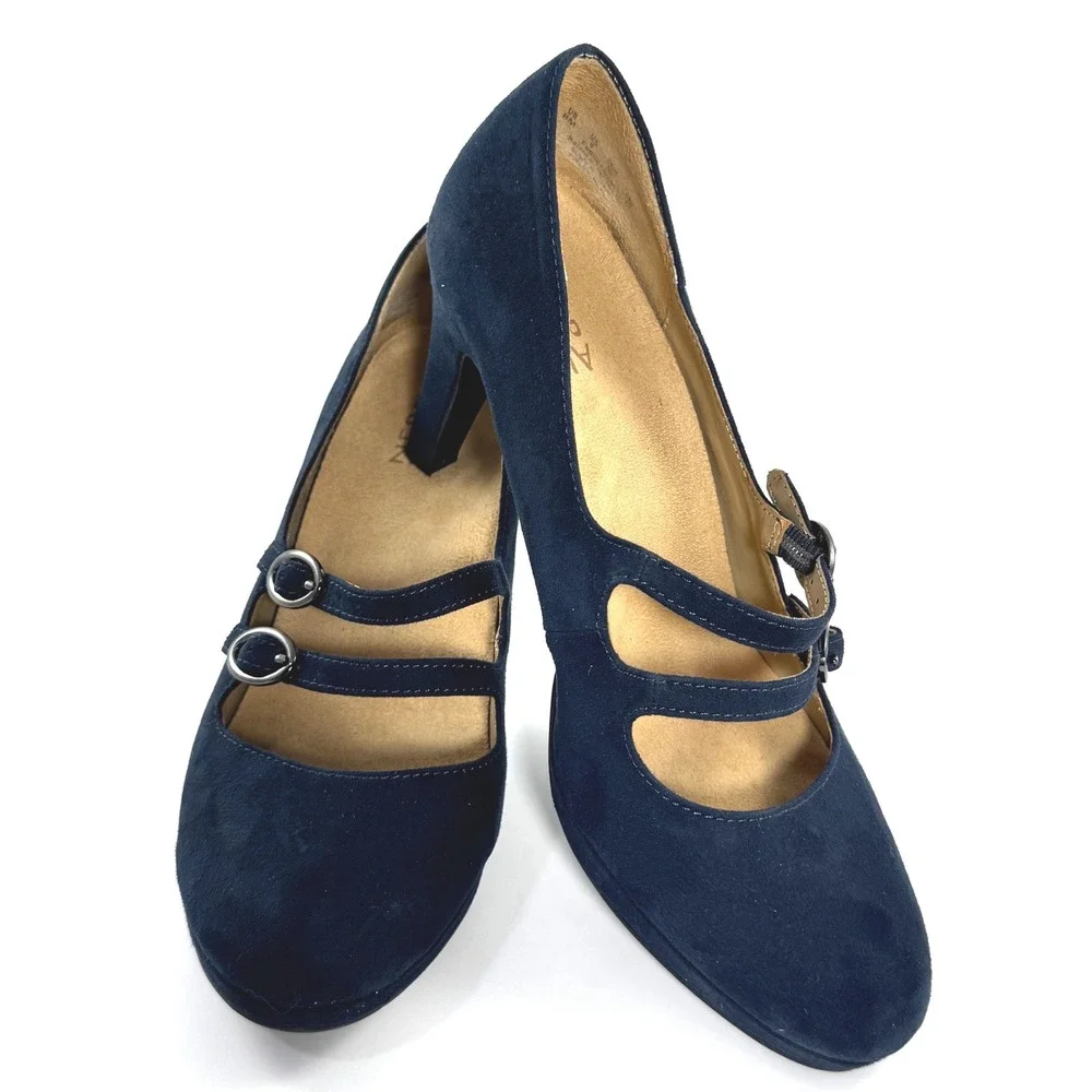Naturalizer Prudence Navy Blue Suede Double Strap Mary Jane Heels Pumps Size 8M - Picture 1 of 8